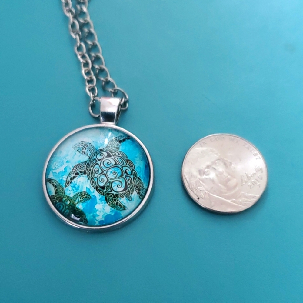 Aqua Turtle Glass Cabochon Pendant NWT